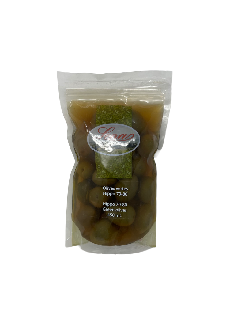 Olives vertes hippo 70-80 Lena 450ml (sac refermable)
