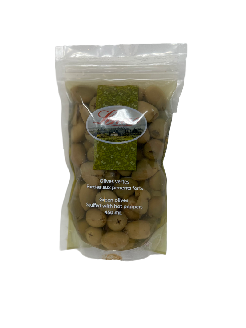 Olives vertes farcies aux piments forts Lena 450ml (sac refermable)
